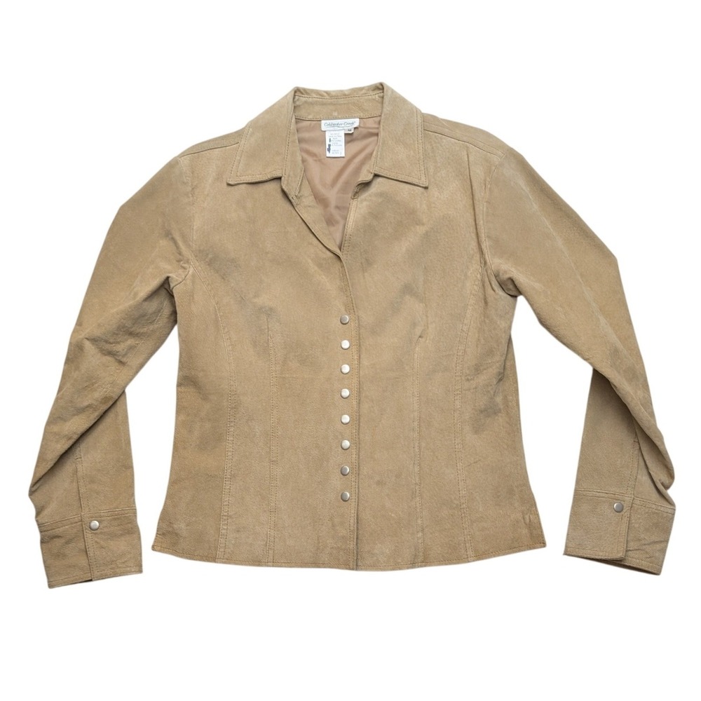 Coldwater Creek‎ Suede Leather Jacket Womens M Tan Snap Front Collared Lined